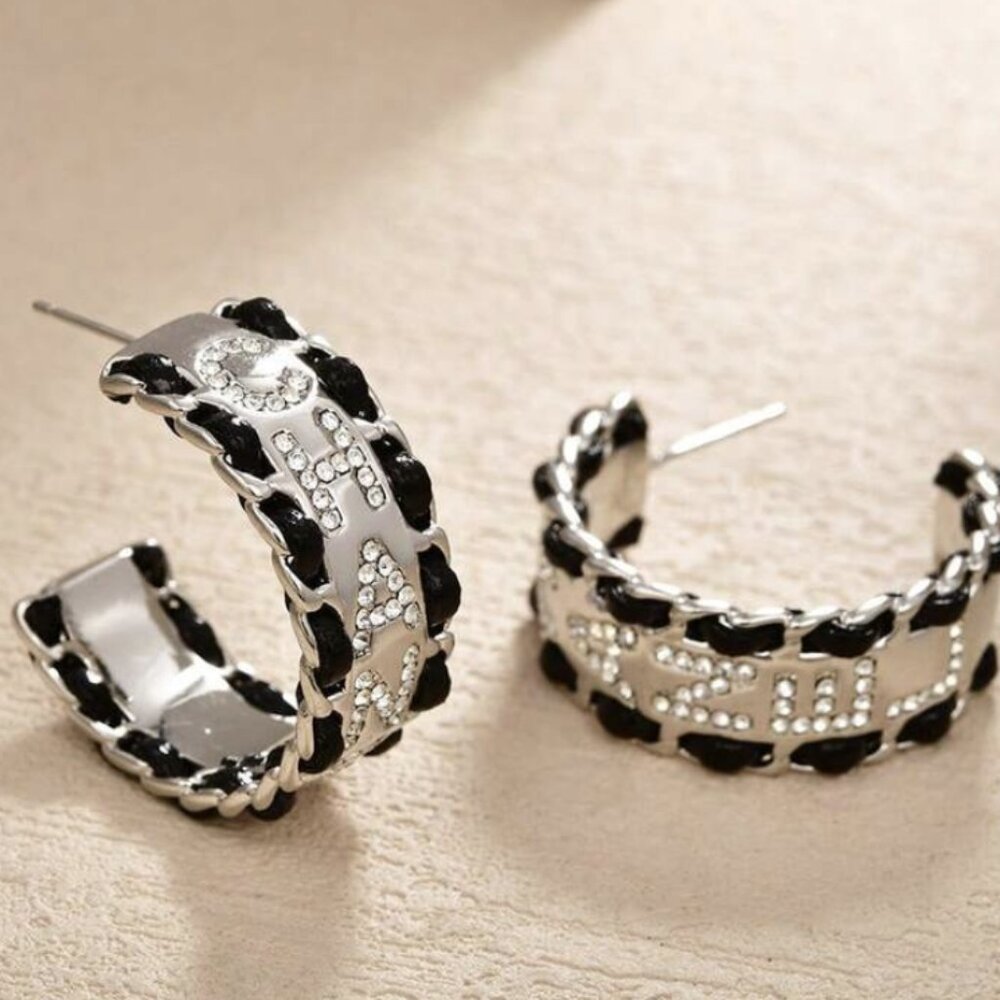 Retro Chanel Silver Hoop Earrings with Black Chain & Crystal Accents